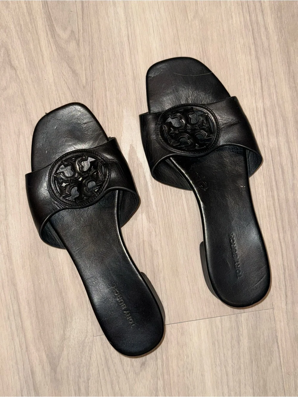 Tory Burch Black Leather Logo Slide Sandals